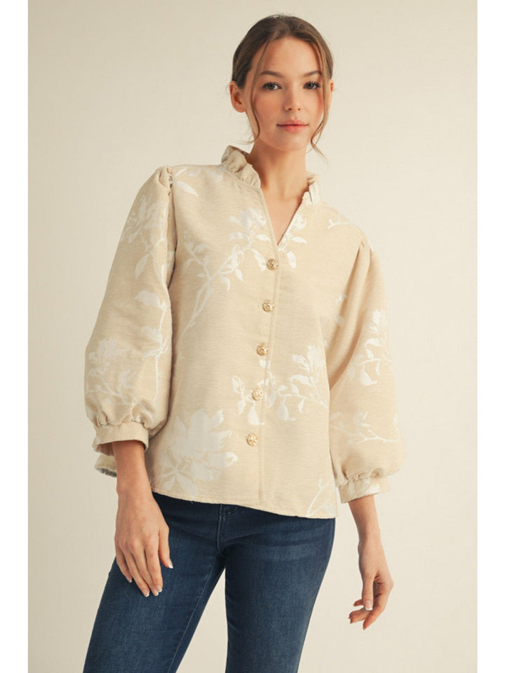 Jodifl 3/4 Sleeve Floral Jacquard Button Down Top