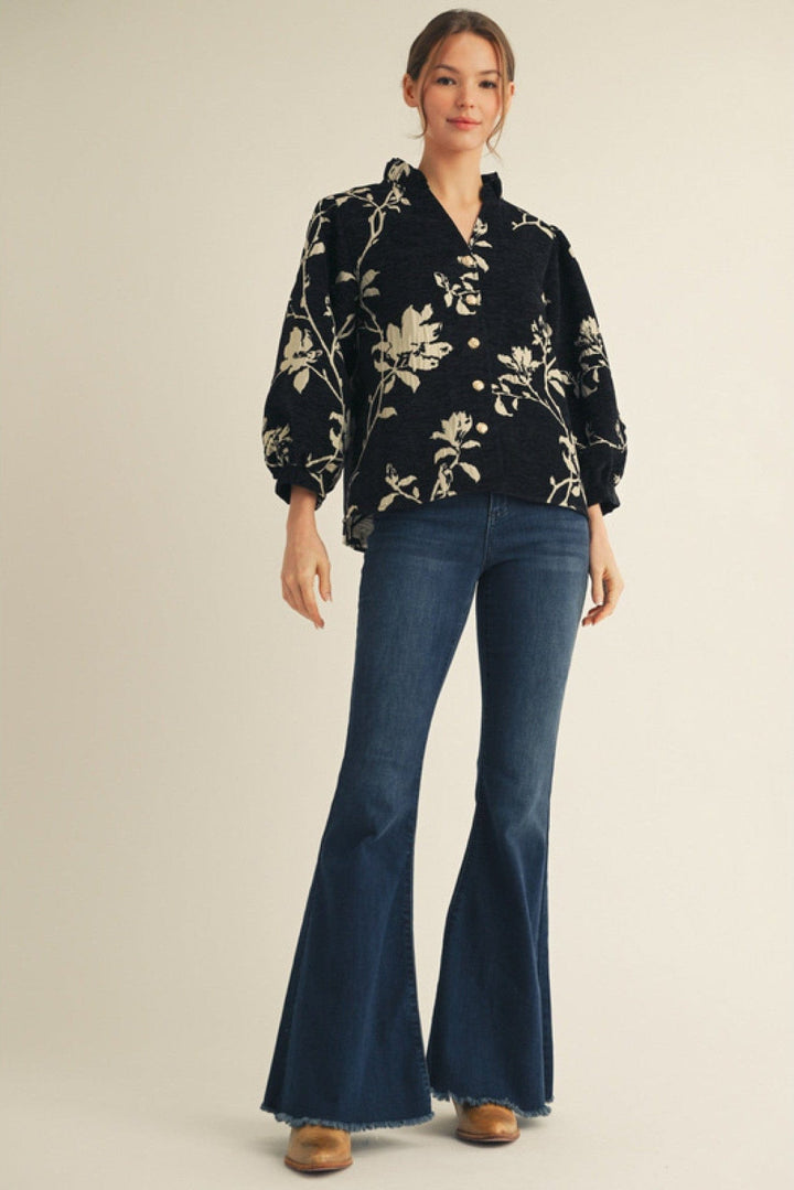 Jodifl 3/4 Sleeve Floral Jacquard Button Down Top