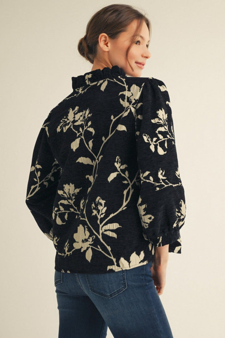Jodifl 3/4 Sleeve Floral Jacquard Button Down Top