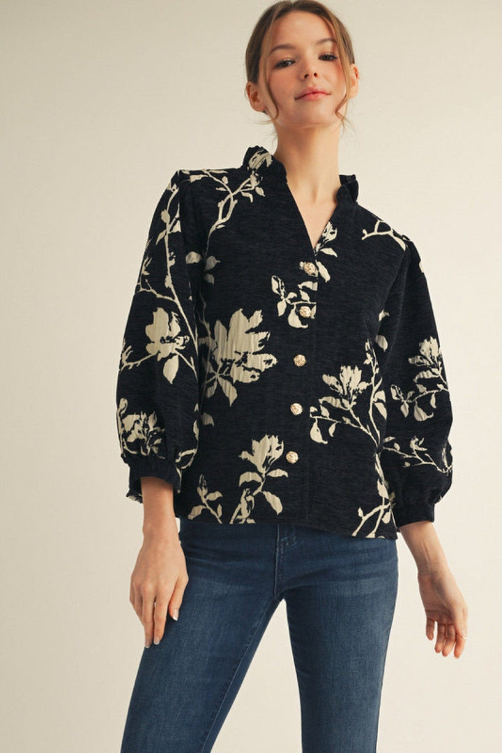 Jodifl 3/4 Sleeve Floral Jacquard Button Down Top