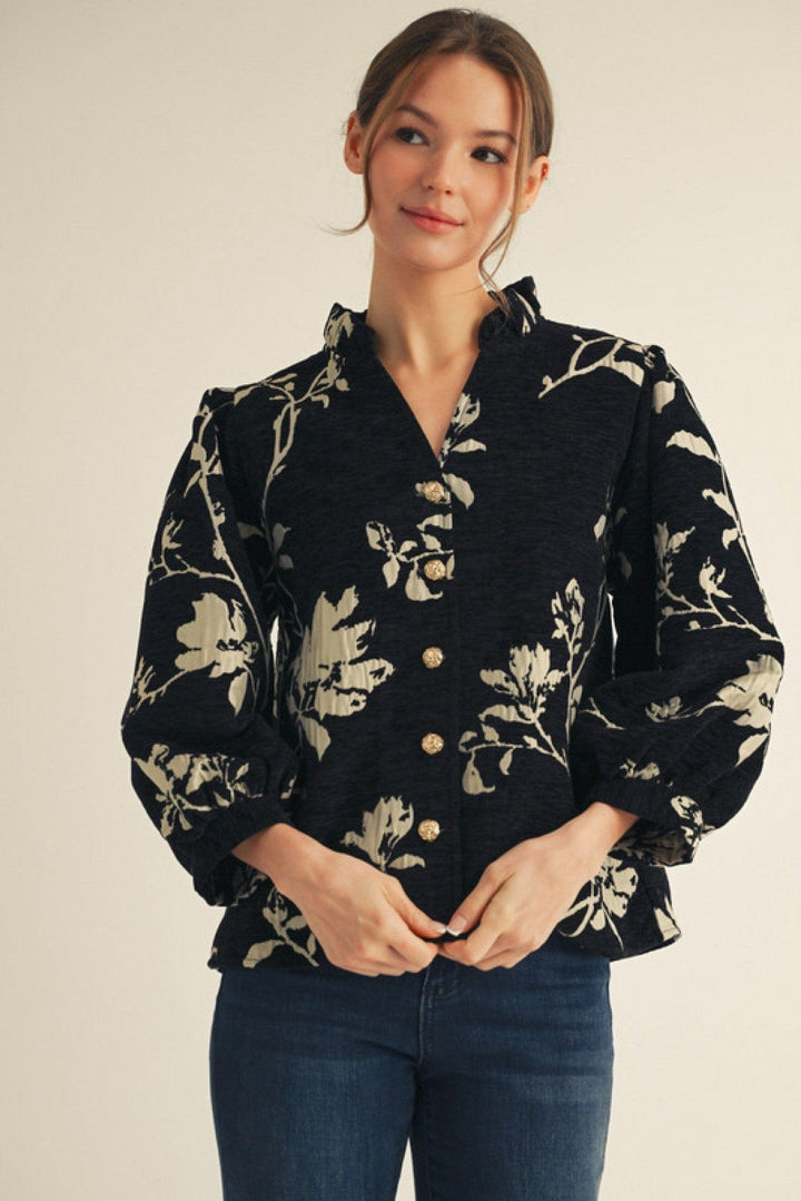 Jodifl 3/4 Sleeve Floral Jacquard Button Down Top