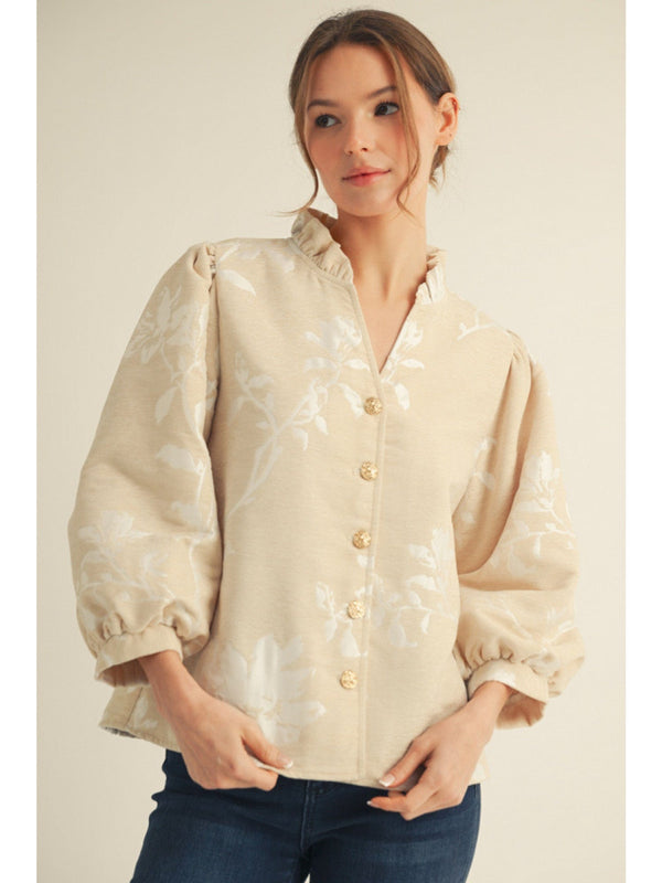 Jodifl 3/4 Sleeve Floral Jacquard Button Down Top