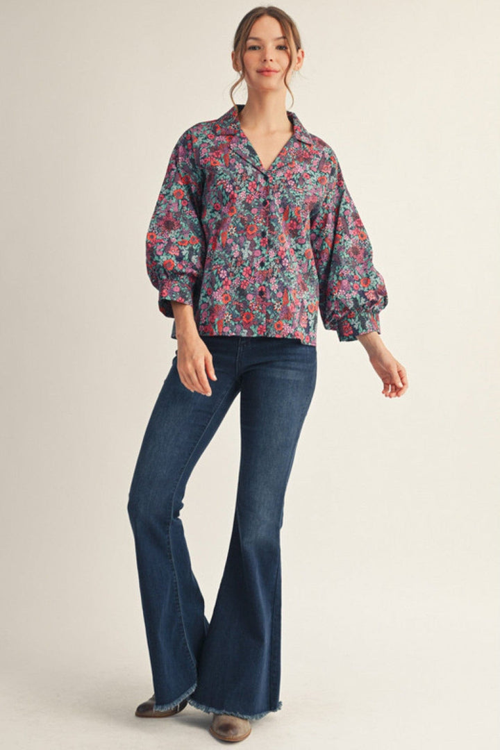 Jodifl 3/4 Sleeves Floral Collared Neckline Button Down Top
