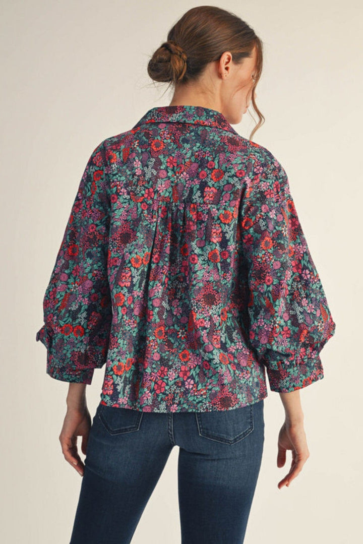 Jodifl 3/4 Sleeves Floral Collared Neckline Button Down Top