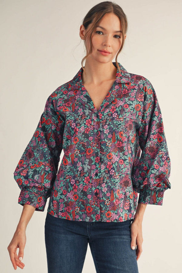 Jodifl 3/4 Sleeves Floral Collared Neckline Button Down Top