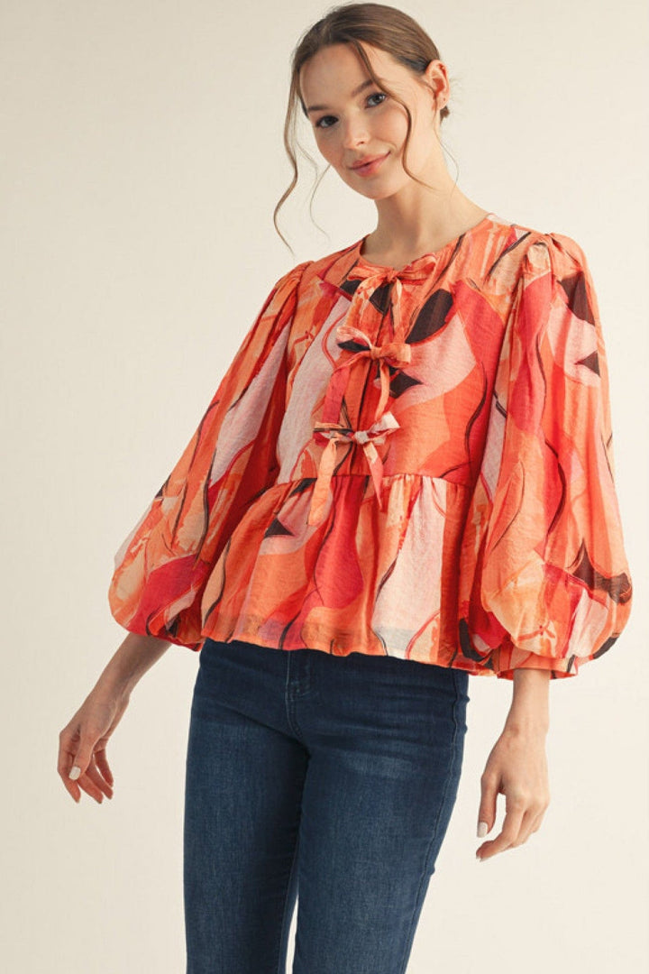Jodifl Abstract Print 3/4 Balloon Sleeve Front Tie Peplum Blouse Top