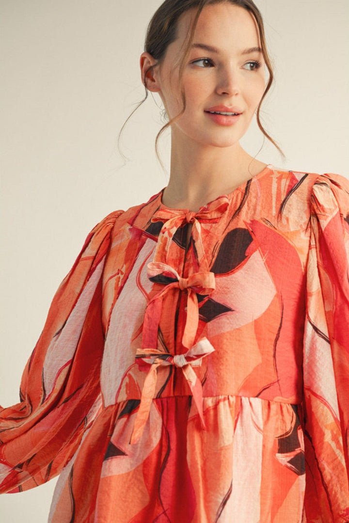 Jodifl Abstract Print 3/4 Balloon Sleeve Front Tie Peplum Blouse Top