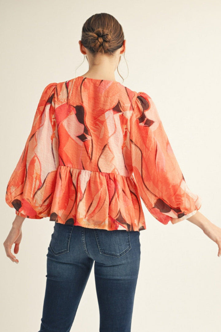 Jodifl Abstract Print 3/4 Balloon Sleeve Front Tie Peplum Blouse Top