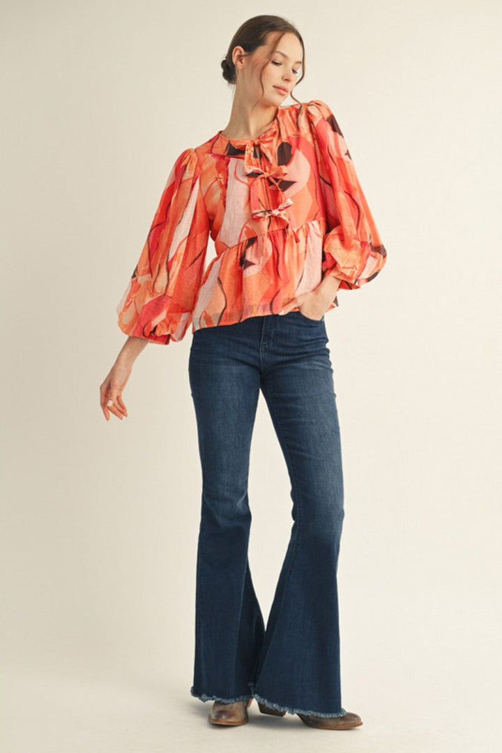 Jodifl Abstract Print 3/4 Balloon Sleeve Front Tie Peplum Blouse Top