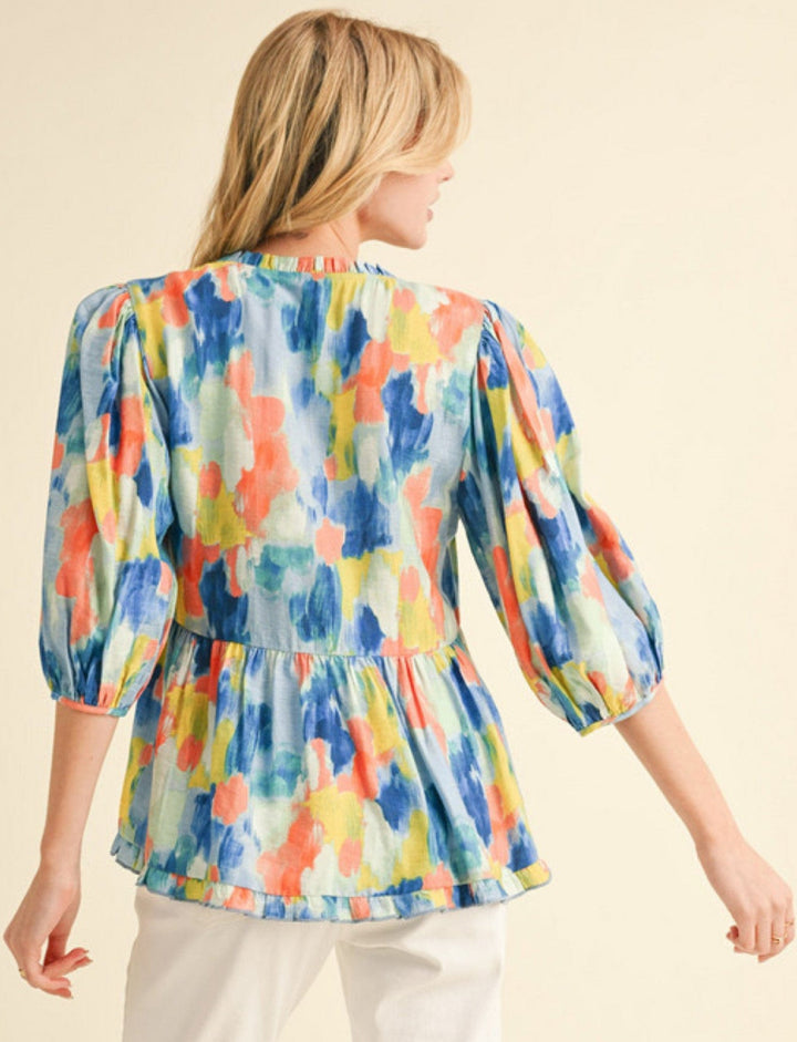 Jodifl Abstract Print Peasant Sleeve Frilled Neckline and Hemline Blouse