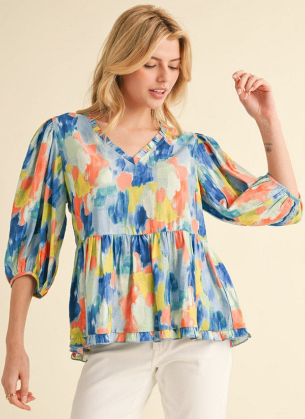 Jodifl Abstract Print Peasant Sleeve Frilled Neckline and Hemline Blouse