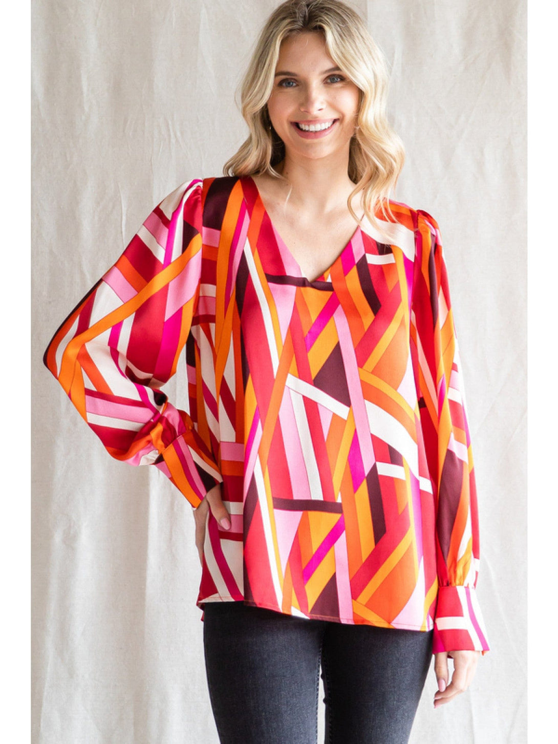 Jodifl Abstract Print Satin Top with V-Neckline and Long Bubble Sleeves