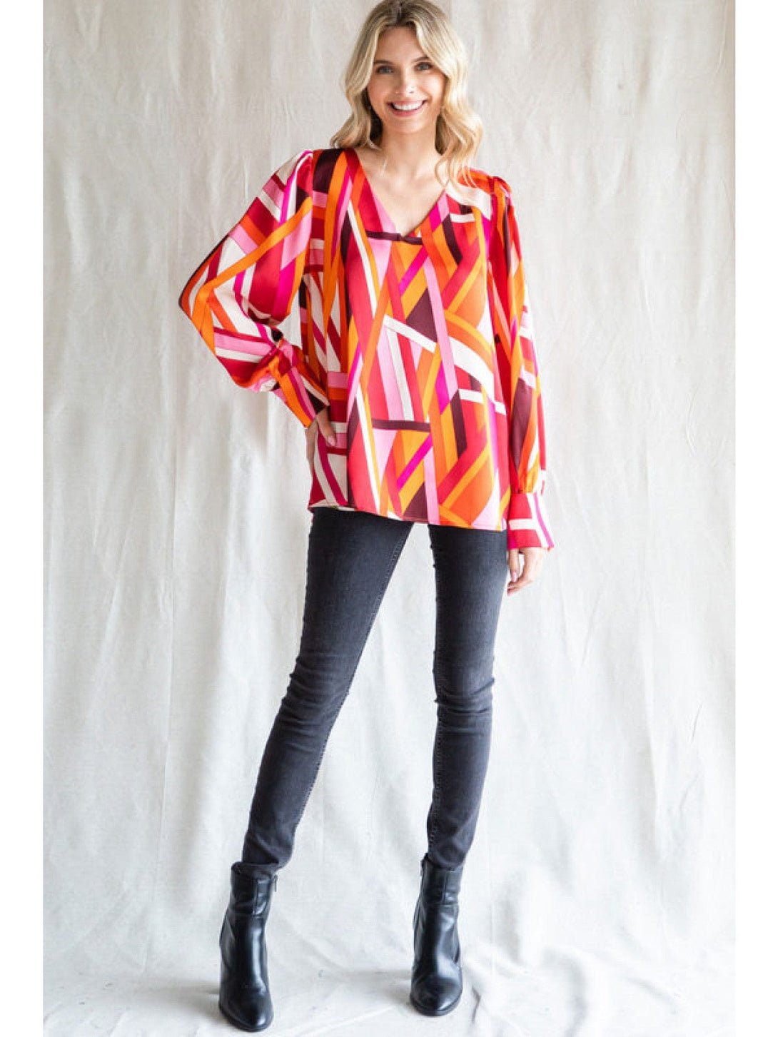 Jodifl Abstract Print Satin Top with V-Neckline and Long Bubble Sleeves