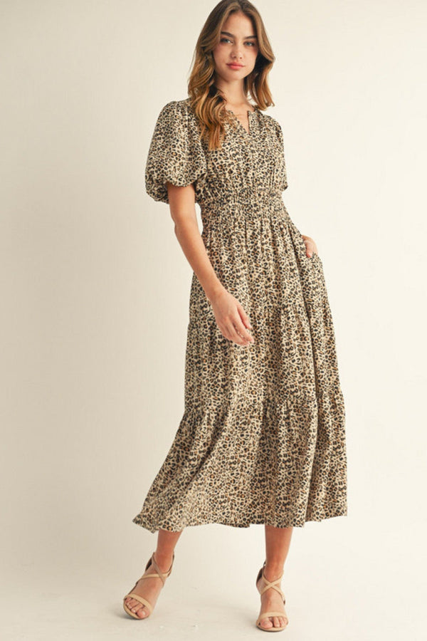 Jodifl Animal Print Short Puff Sleeve Midi Dress