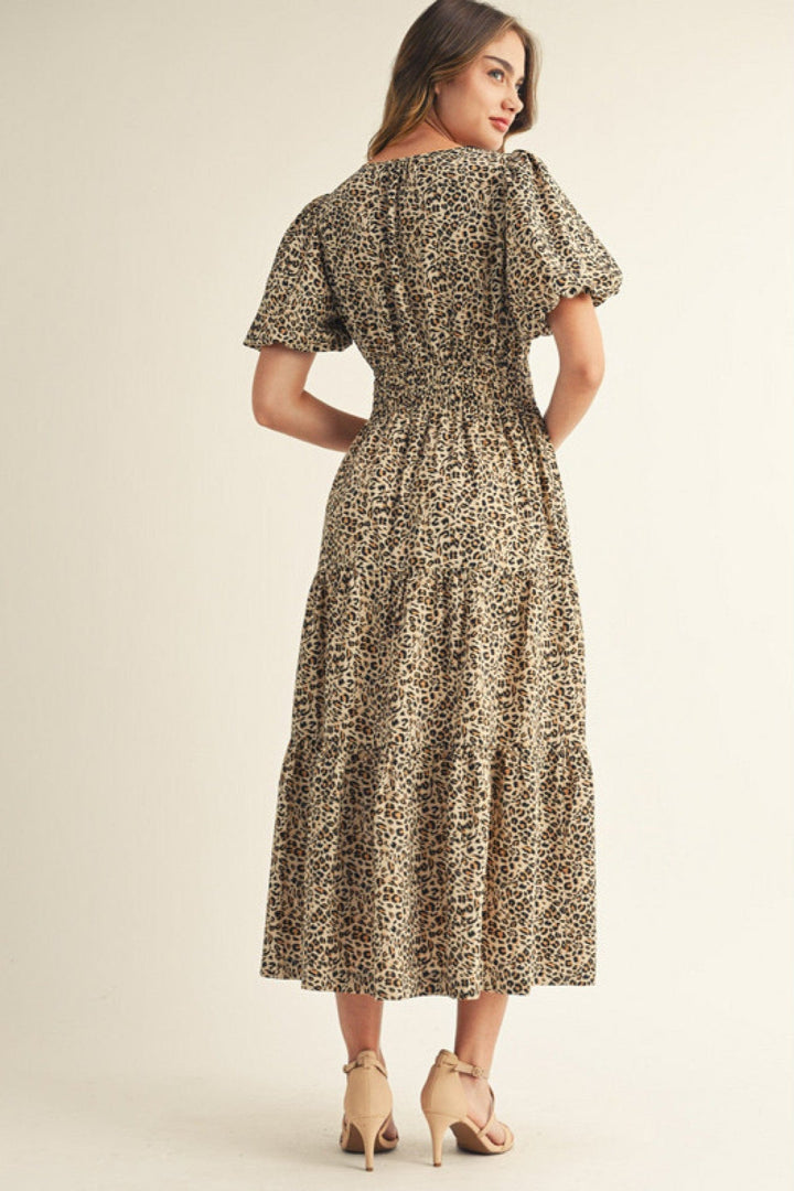 Jodifl Animal Print Short Puff Sleeve Midi Dress