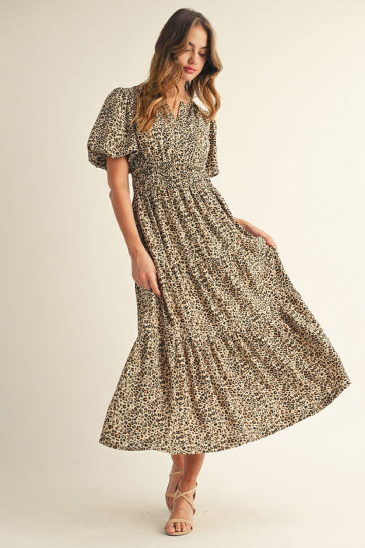 Jodifl Animal Print Short Puff Sleeve Midi Dress