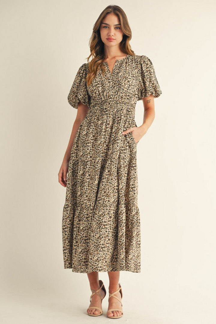 Jodifl Animal Print Short Puff Sleeve Midi Dress