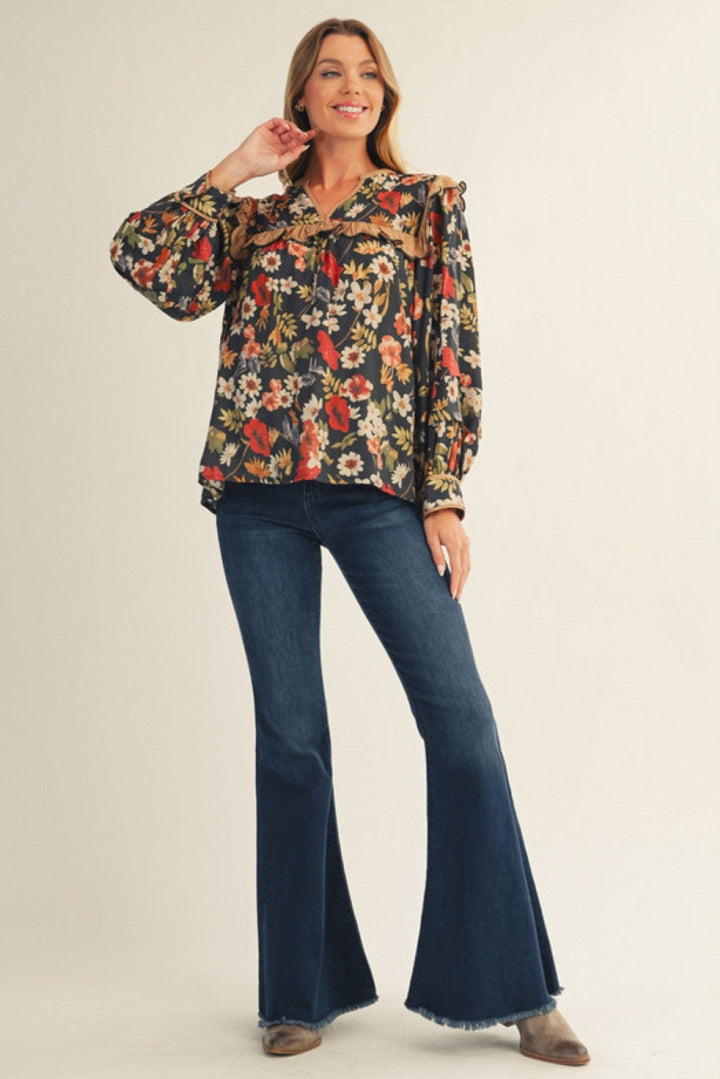 Jodifl Autumnal Floral Print Ruffle Detail Split Neck Blouse Top