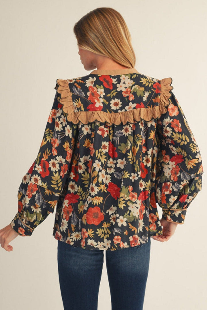 Jodifl Autumnal Floral Print Ruffle Detail Split Neck Blouse Top