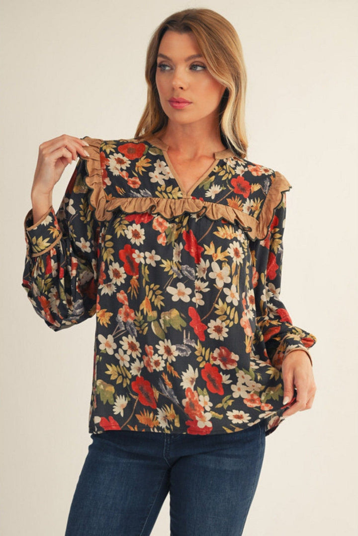 Jodifl Autumnal Floral Print Ruffle Detail Split Neck Blouse Top