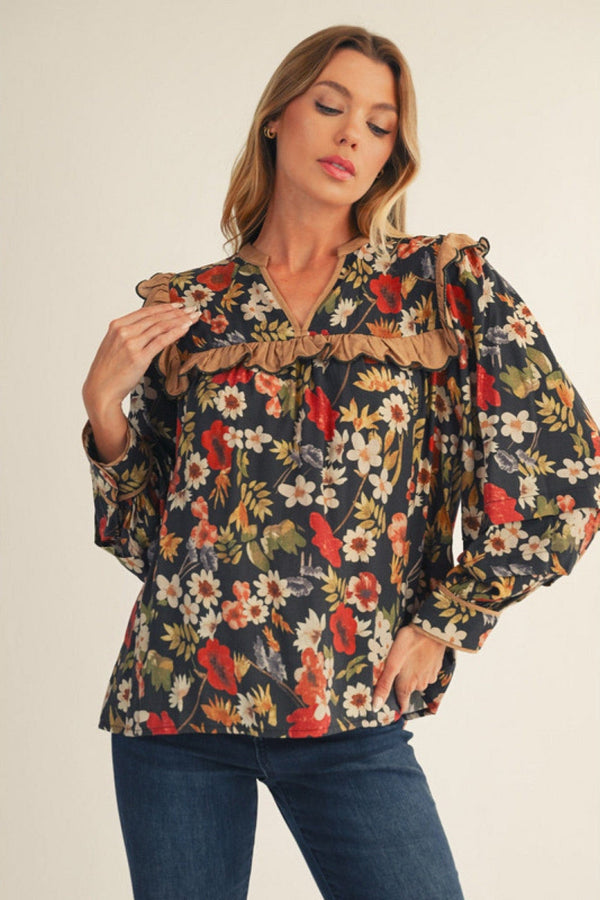 Jodifl Autumnal Floral Print Ruffle Detail Split Neck Blouse Top