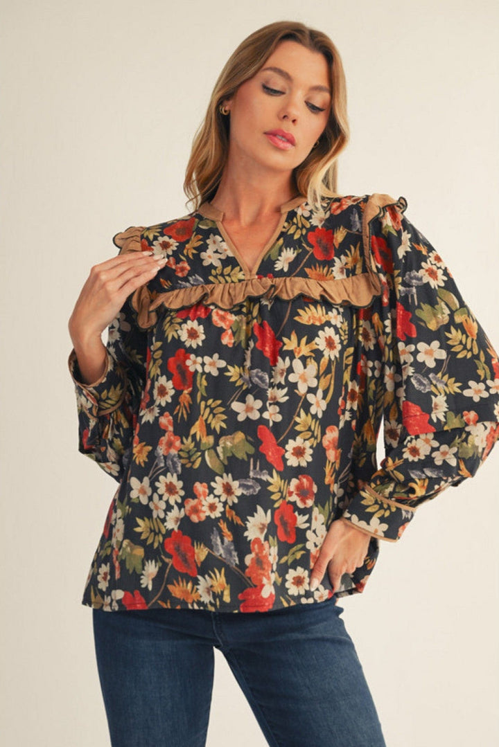 Jodifl Autumnal Floral Print Ruffle Detail Split Neck Blouse Top