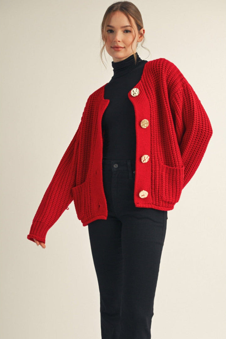Jodifl Big Button Front Pockets Chunky Knit Cardigan