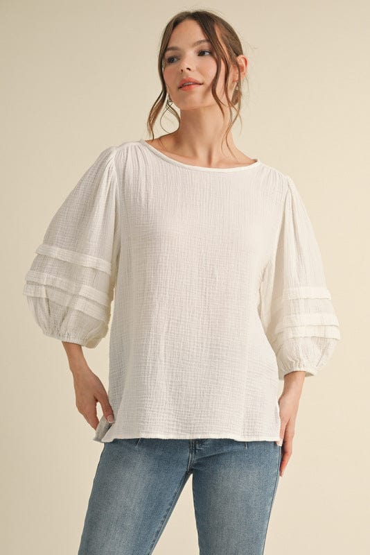 Jodifl Boat Neck Dainty Ruffle Embellished Balloon Sleeve Gauze Top