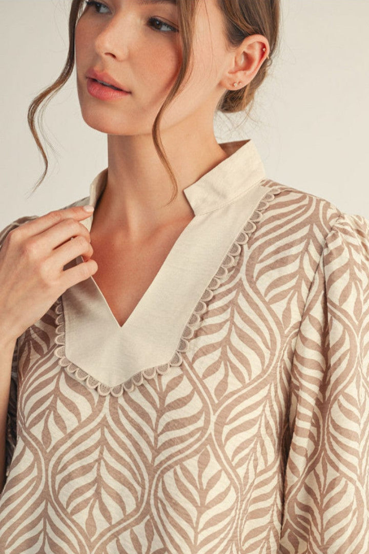 Jodifl Boho Leaf Print Standing Collar Top