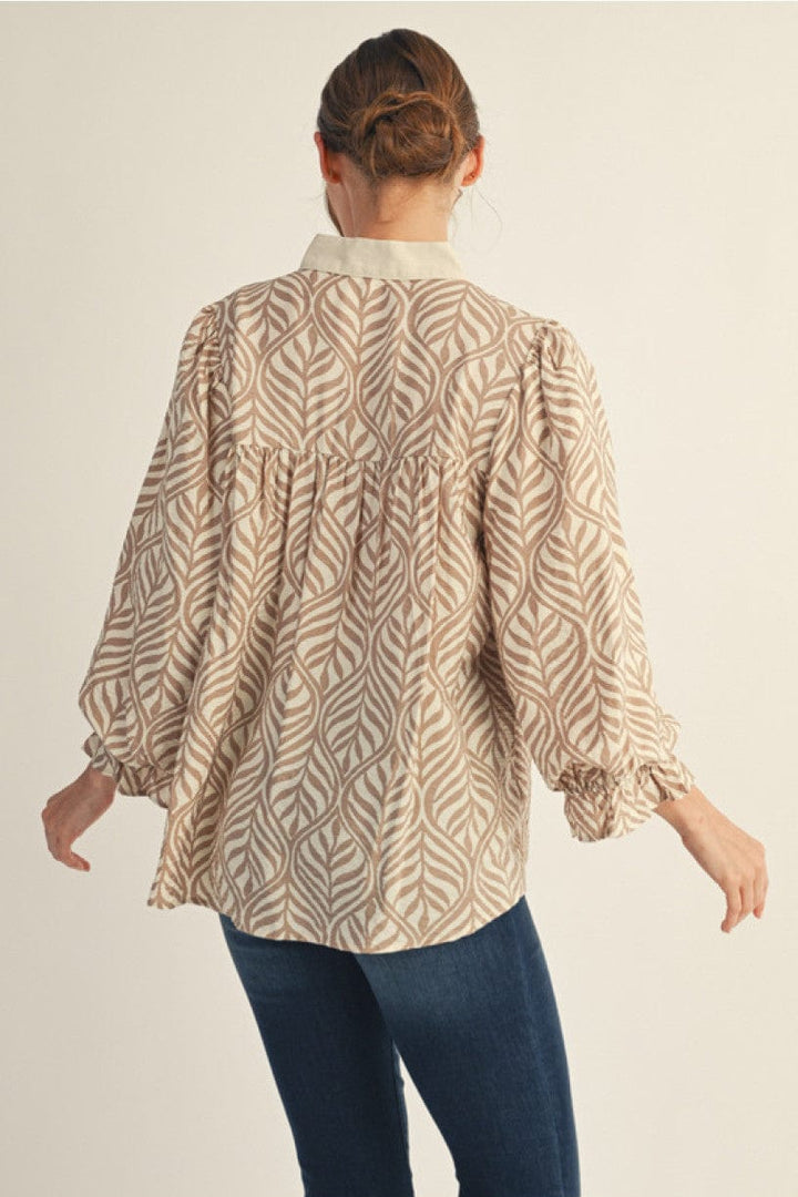 Jodifl Boho Leaf Print Standing Collar Top