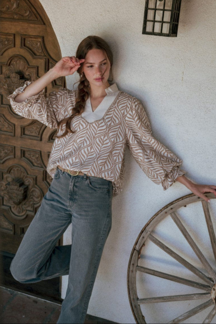 Jodifl Boho Leaf Print Standing Collar Top