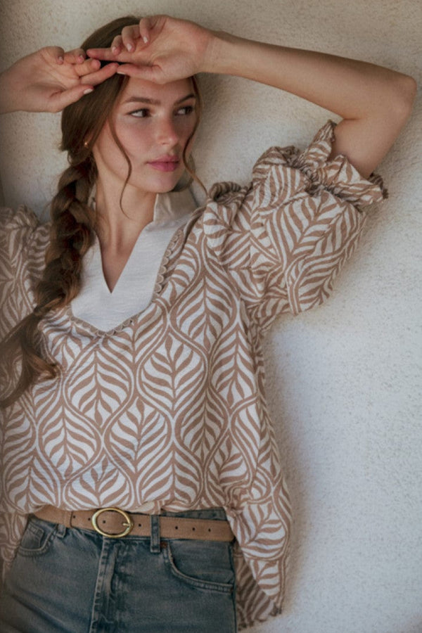 Jodifl Boho Leaf Print Standing Collar Top