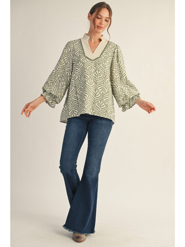Jodifl Boho Leaf Print Standing Collar Top
