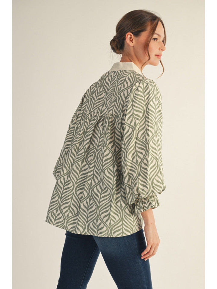 Jodifl Boho Leaf Print Standing Collar Top