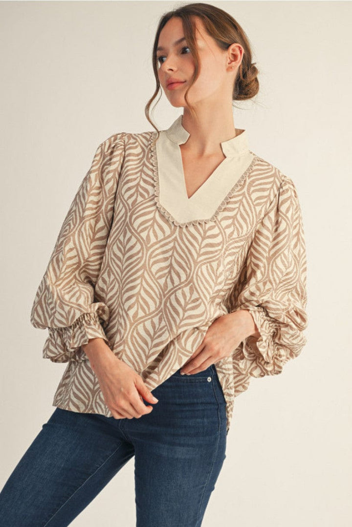 Jodifl Boho Leaf Print Standing Collar Top