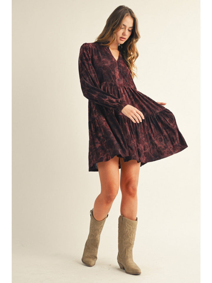 Jodifl Boho Velvet Paisley Tiered Long Sleeve Dress