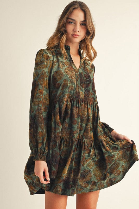 Jodifl Boho Velvet Paisley Tiered Long Sleeve Dress