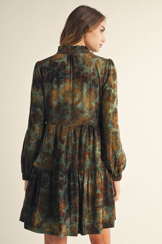 Jodifl Boho Velvet Paisley Tiered Long Sleeve Dress