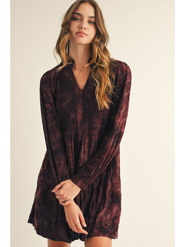Jodifl Boho Velvet Paisley Tiered Long Sleeve Dress