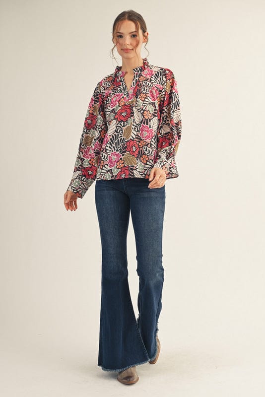 Jodifl Bold Floral Print Long Sleeve Ruffle Neck Blouse