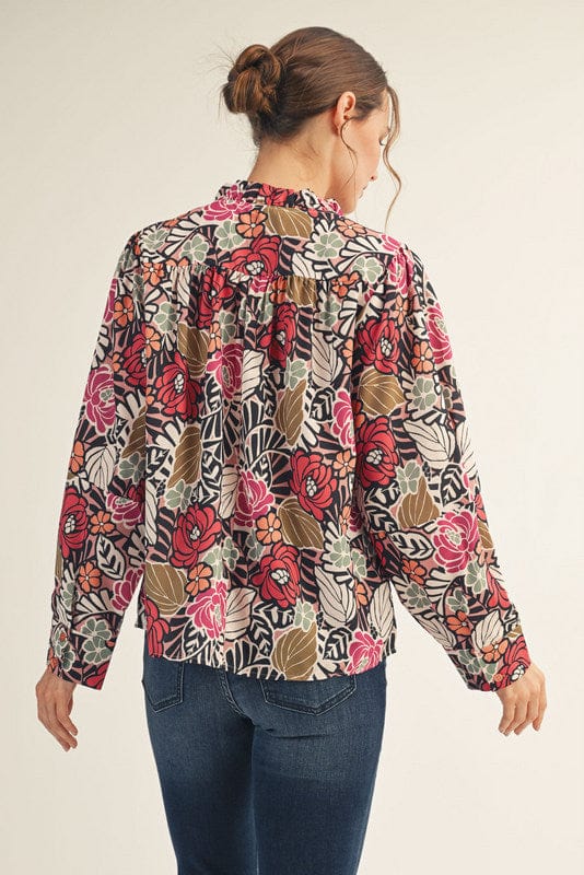 Jodifl Bold Floral Print Long Sleeve Ruffle Neck Blouse
