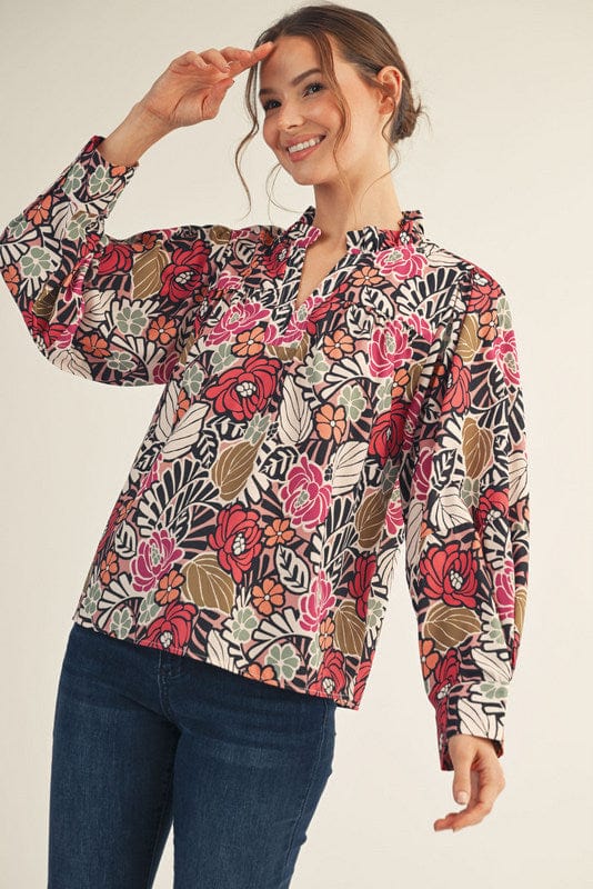 Jodifl Bold Floral Print Long Sleeve Ruffle Neck Blouse