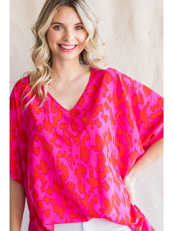 Jodifl Bright Leopard Print V-Neck Short Dolman Sleeve Top