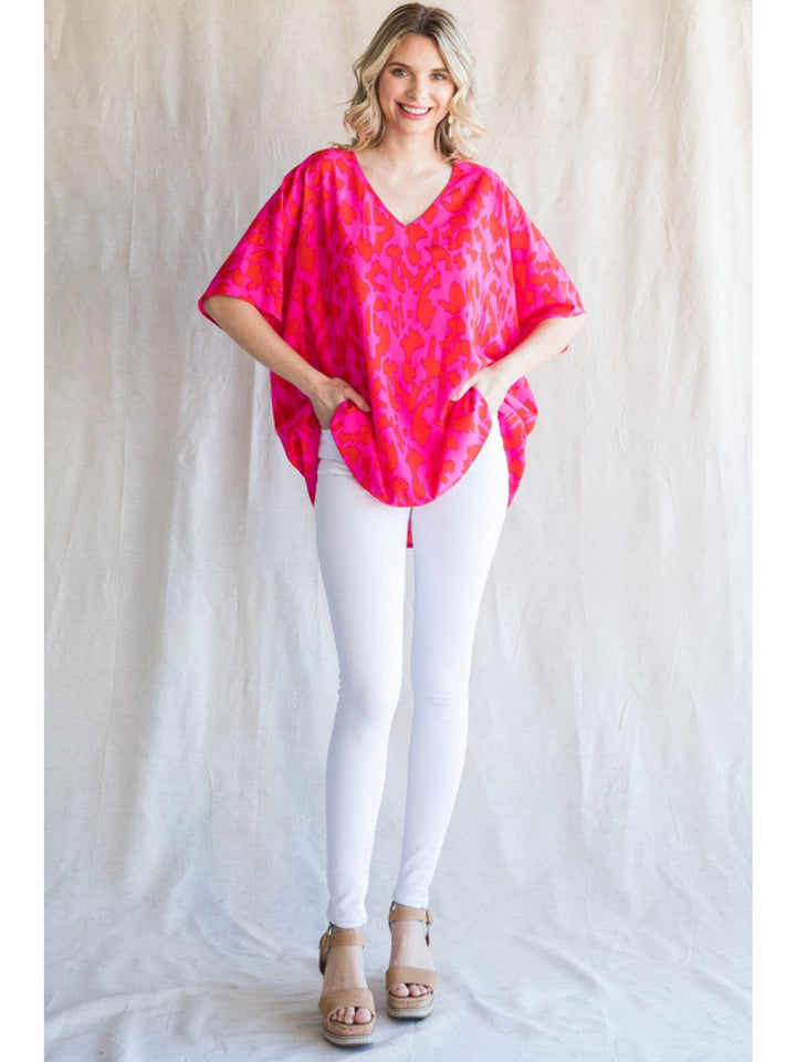 Jodifl Bright Leopard Print V-Neck Short Dolman Sleeve Top