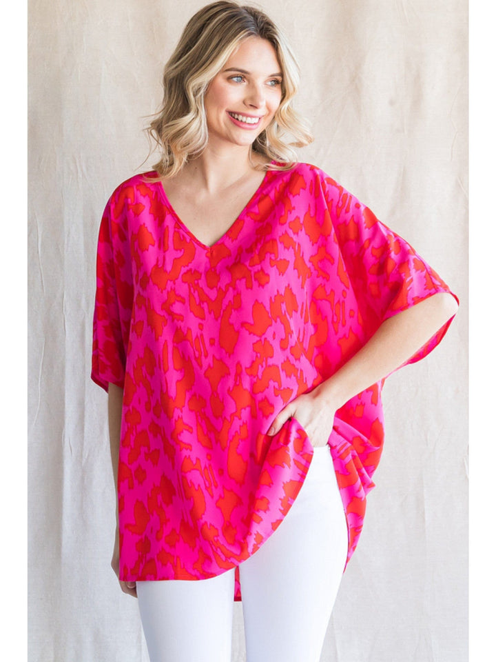 Jodifl Bright Leopard Print V-Neck Short Dolman Sleeve Top