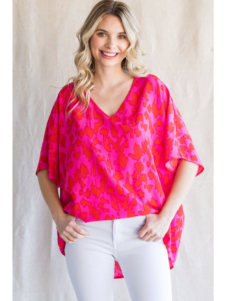 Jodifl Bright Leopard Print V-Neck Short Dolman Sleeve Top