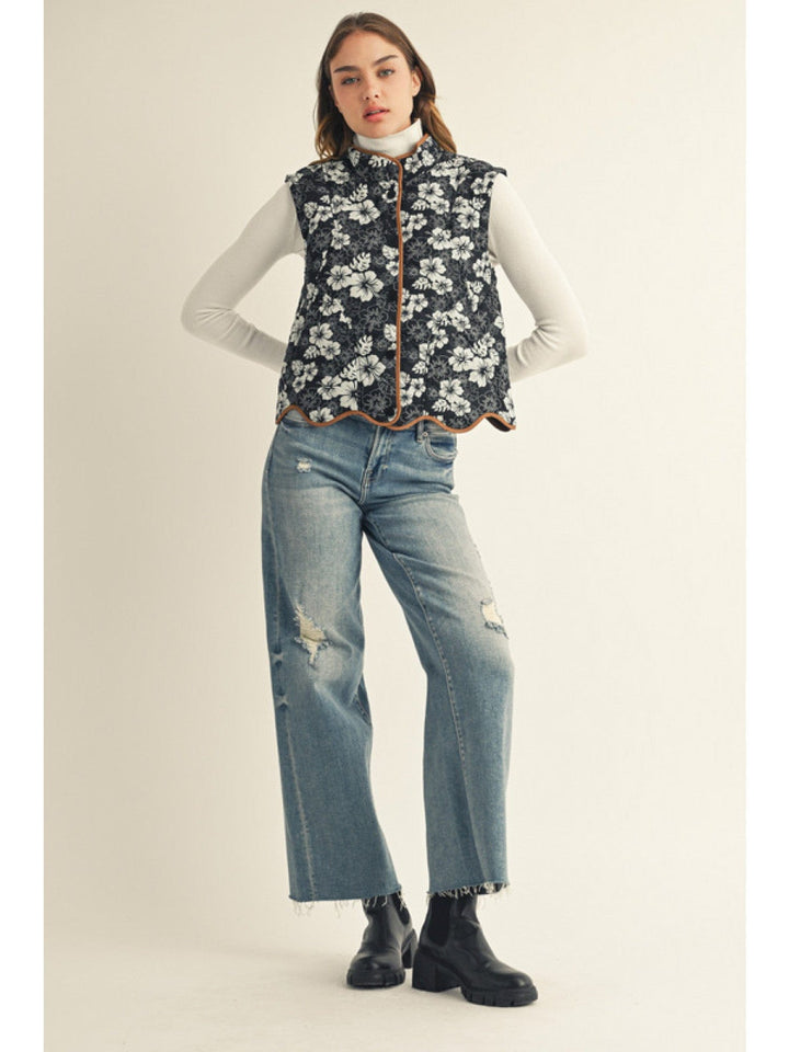 Jodifl Button Down Floral Quilted Vest with Scalloped Hem