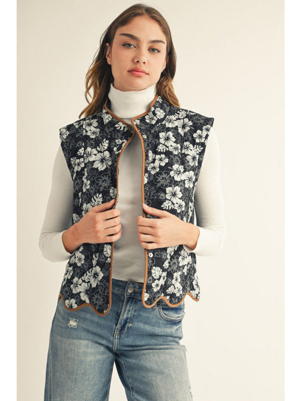 Jodifl Button Down Floral Quilted Vest with Scalloped Hem