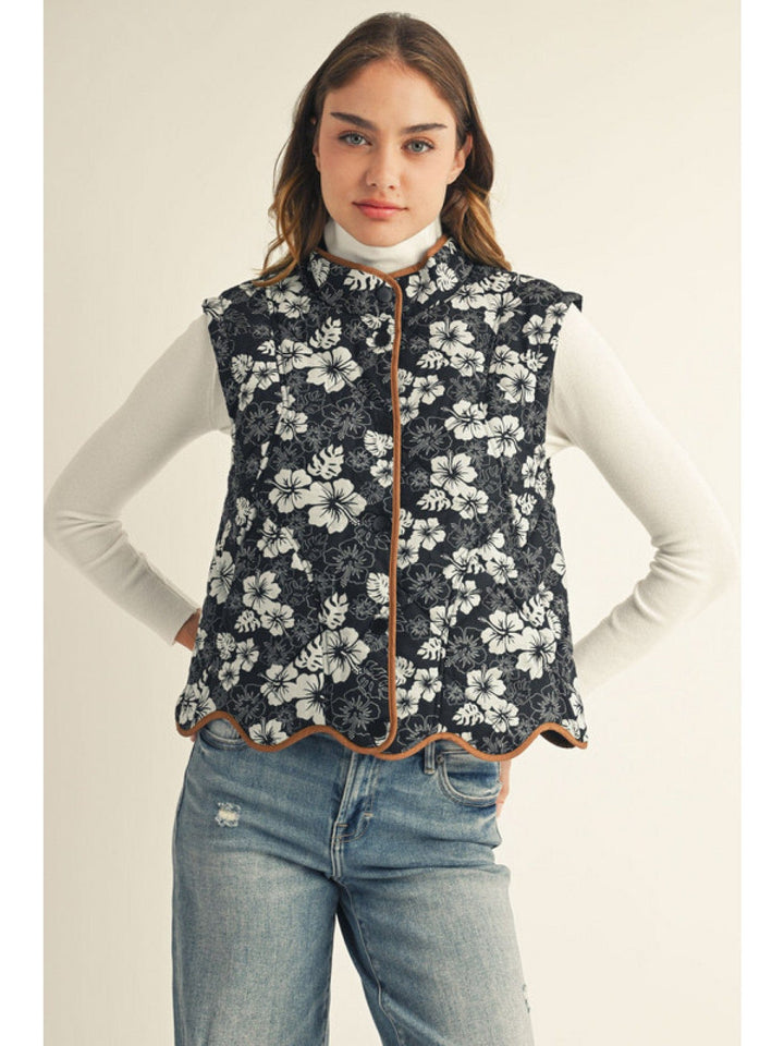 Jodifl Button Down Floral Quilted Vest with Scalloped Hem