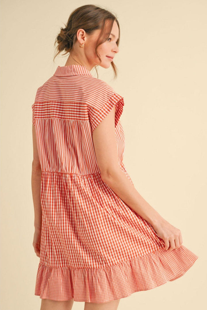 Jodifl Check and Stripes Button Down Dress with Cap Sleeves and Ruffled Hemline